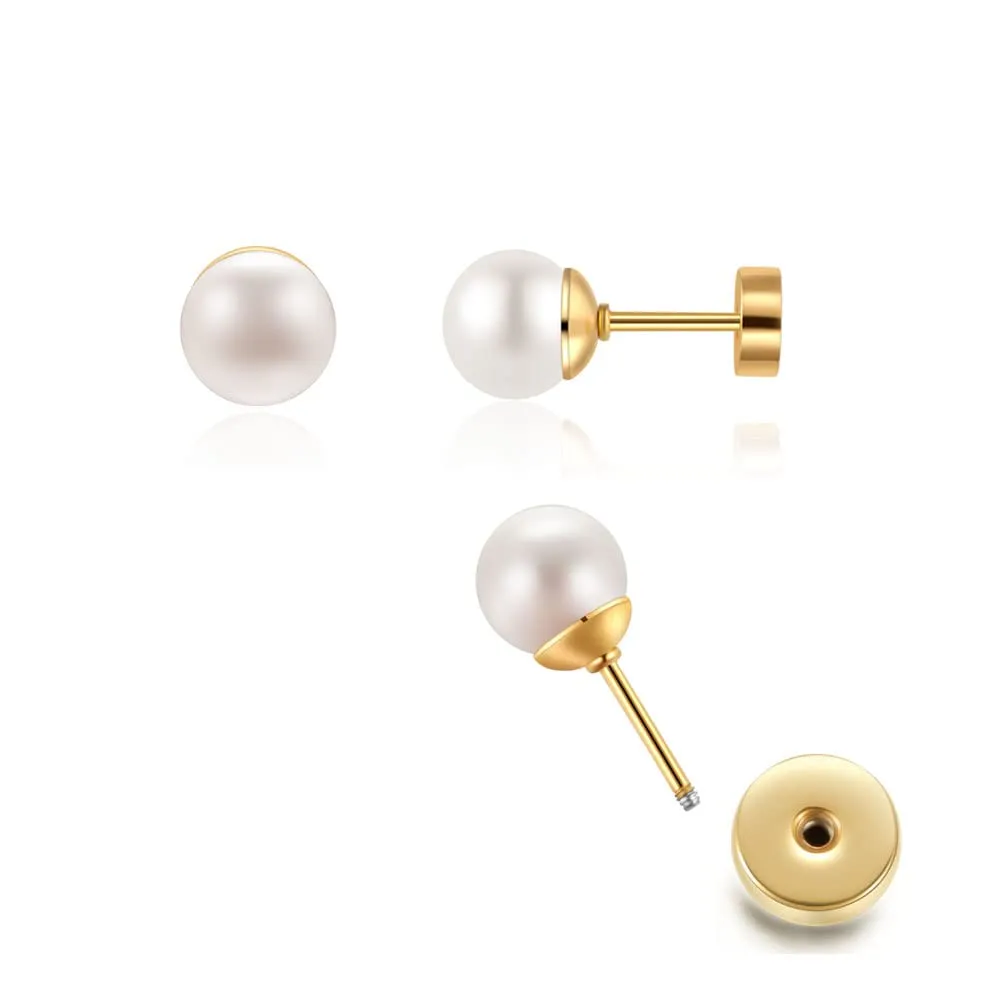 7mm Pearl Stud Earrings for Women,Flat Screw Back Pearl Helix Earrings Cartilage Earrings 316L Surgical Steel Piercing Jewelry Gift Hypoallergenic(7mm, Gold)