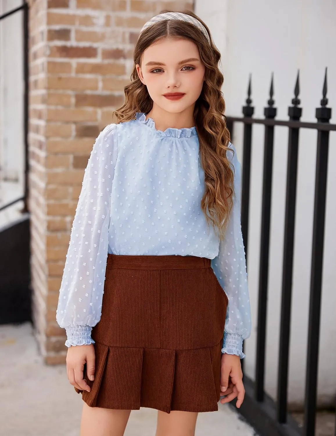 Arshiner Girls Long Sleeve Shirts Chiffon Blouses Swiss Dot Frill Neck Casual Loose Cute Top Tee