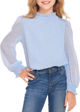 Arshiner Girls Long Sleeve Shirts Chiffon Blouses Swiss Dot Frill Neck Casual Loose Cute Top Tee