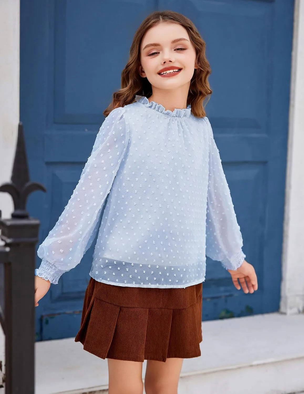 Arshiner Girls Long Sleeve Shirts Chiffon Blouses Swiss Dot Frill Neck Casual Loose Cute Top Tee