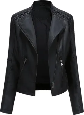 BOFETA Womens Faux Leather Long Sleeve Jackets Quilted Moto Outwear Slim Lapel Coats