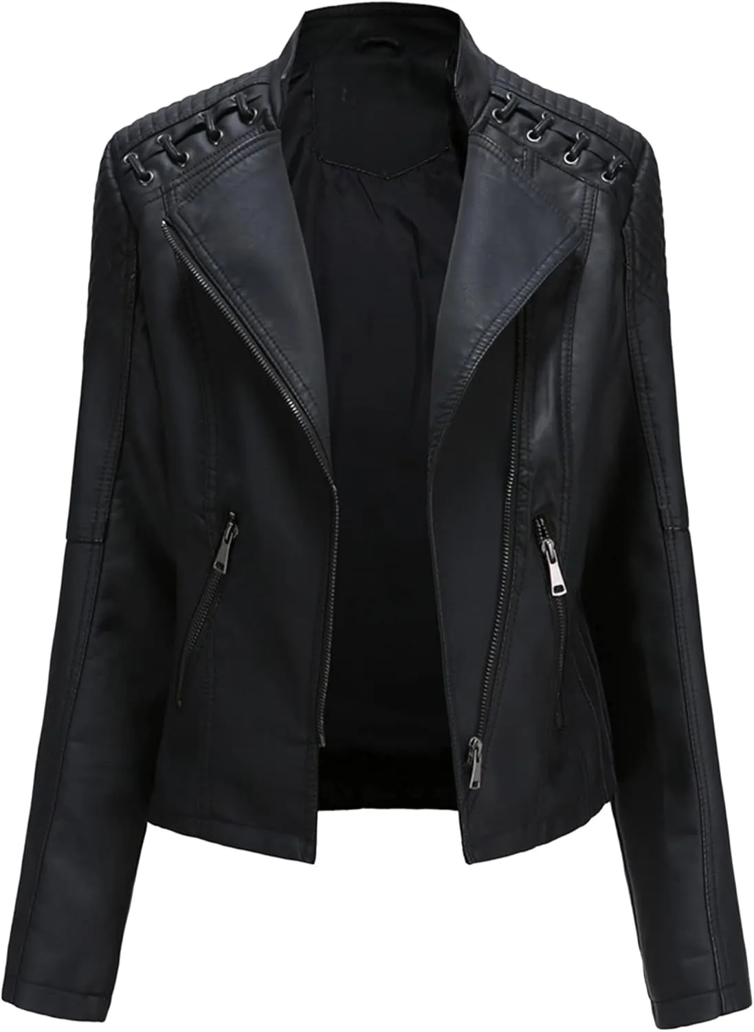 BOFETA Womens Faux Leather Long Sleeve Jackets Quilted Moto Outwear Slim Lapel Coats