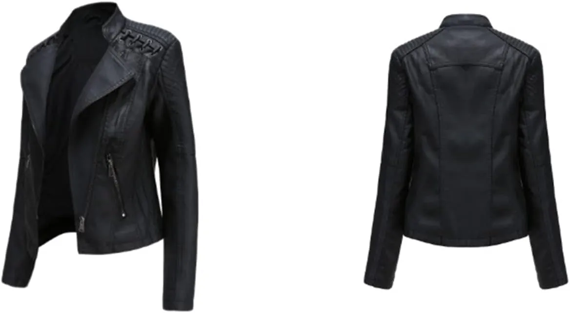 BOFETA Womens Faux Leather Long Sleeve Jackets Quilted Moto Outwear Slim Lapel Coats