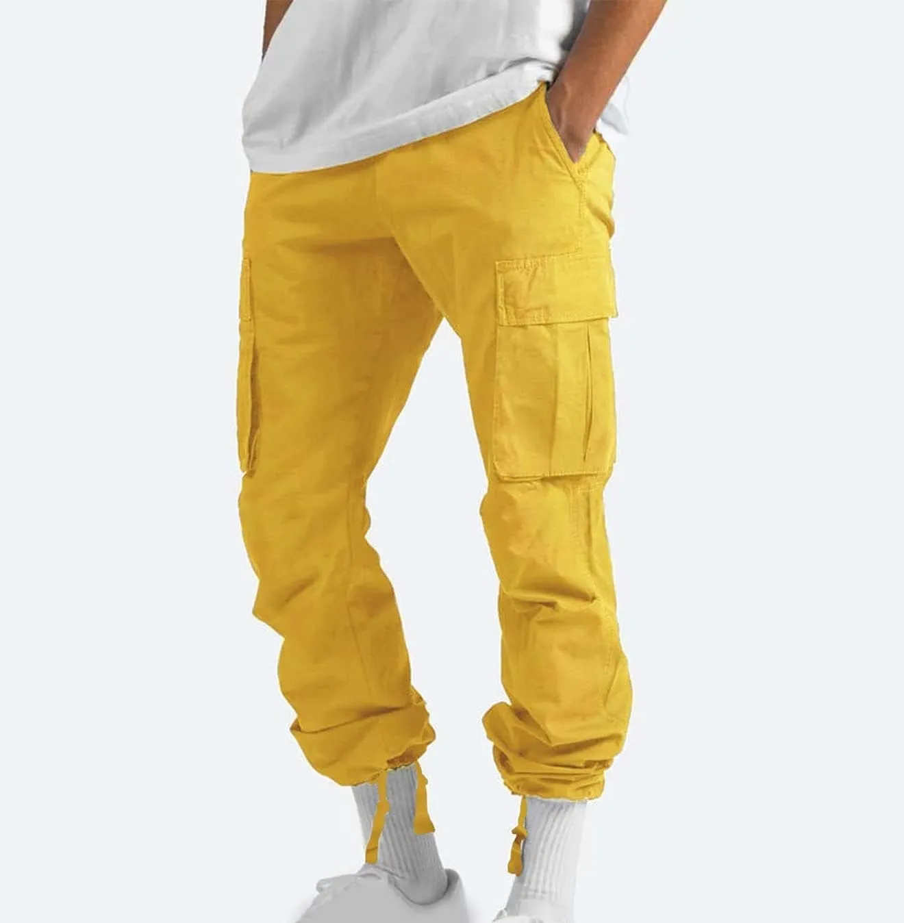 Cargo Pants for Men Elastic Waist Lightweight Outdoor Hiking Tactical Pant Casual Cotton Loose Straight Leg Pants
