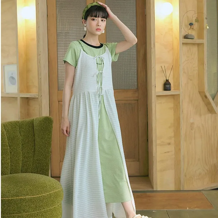 Casual Basic Soft Cotton Strap Print Long Maxi T-Shirt Dress