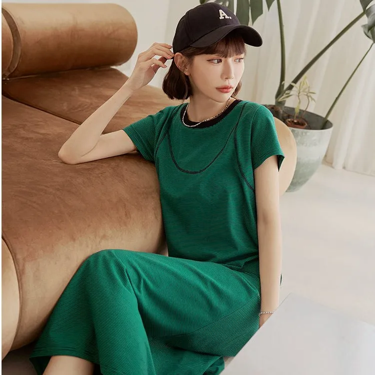 Casual Basic Soft Cotton Strap Print Long Maxi T-Shirt Dress