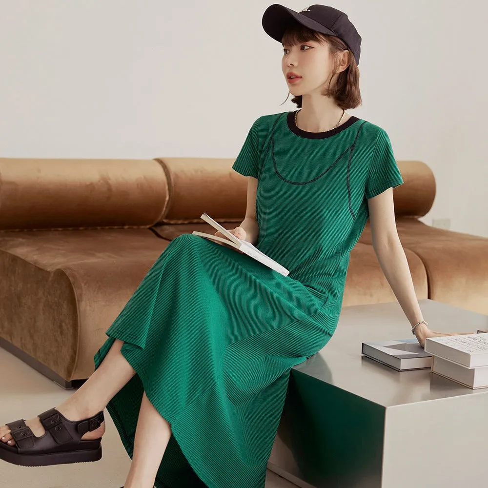 Casual Basic Soft Cotton Strap Print Long Maxi T-Shirt Dress