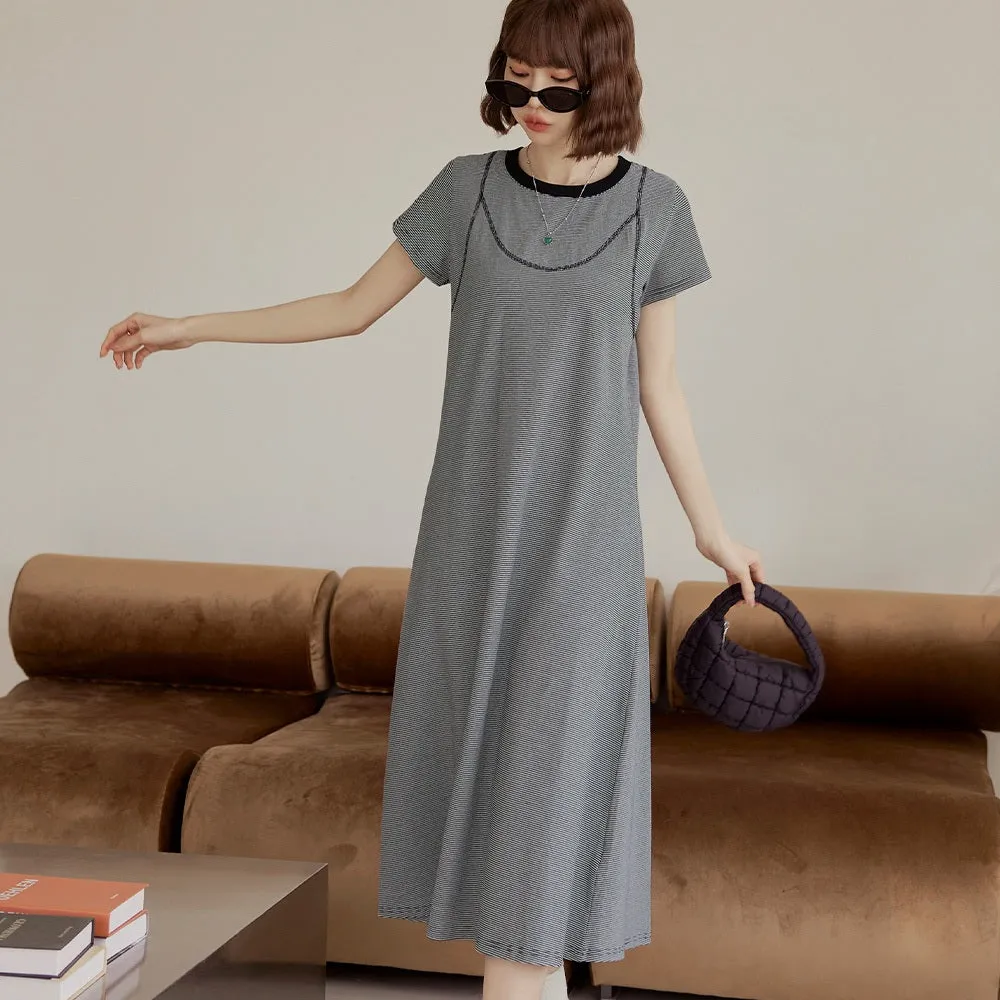 Casual Basic Soft Cotton Strap Print Long Maxi T-Shirt Dress