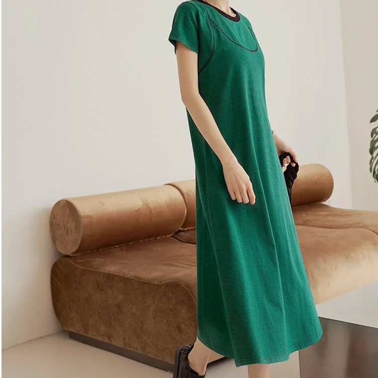 Casual Basic Soft Cotton Strap Print Long Maxi T-Shirt Dress