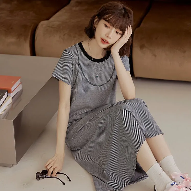 Casual Basic Soft Cotton Strap Print Long Maxi T-Shirt Dress