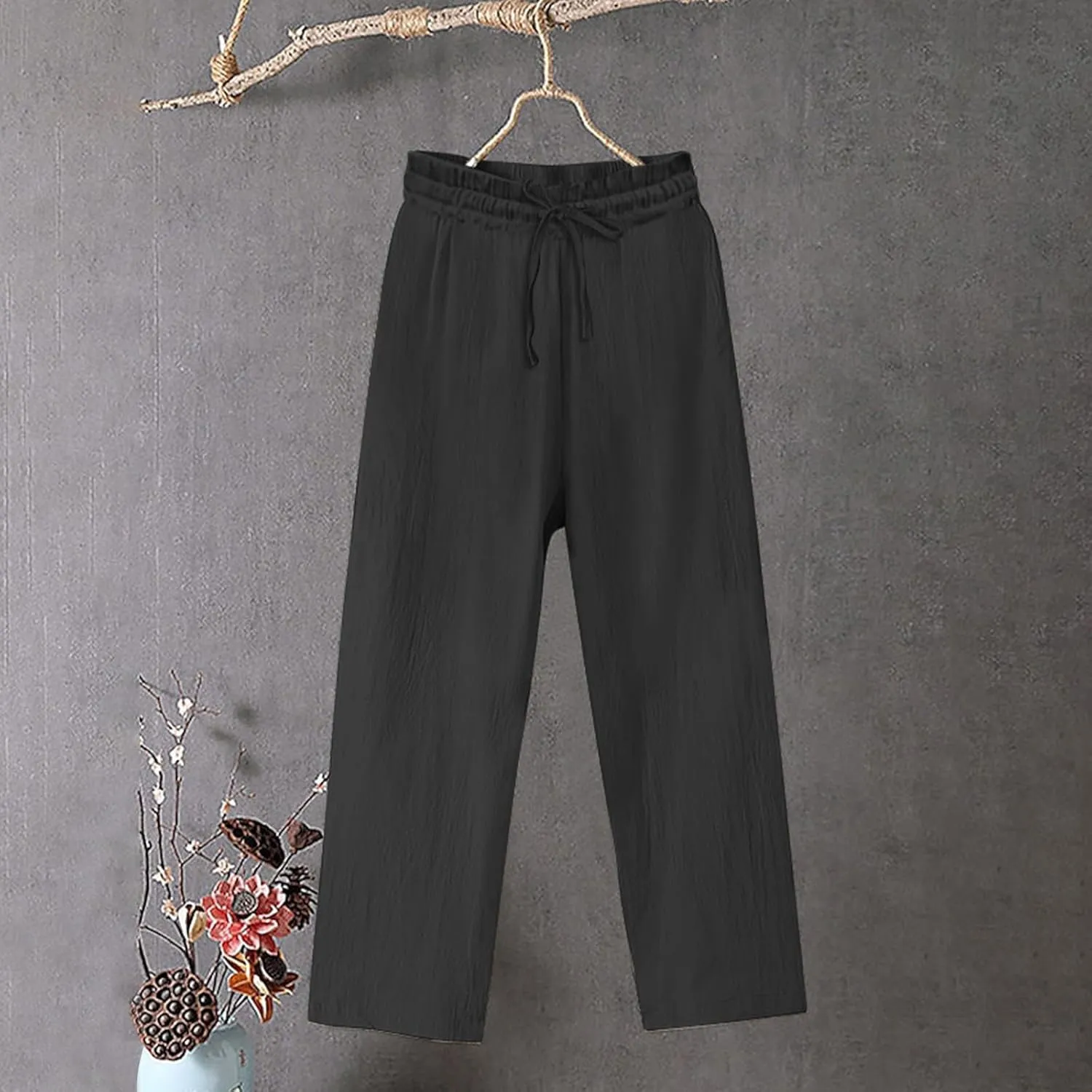 Cotton Linen Wide Leg Pants for Women High Waisted Slacks Lounge Baggy Flowy Palazzo Pants Casual Beach Trousers