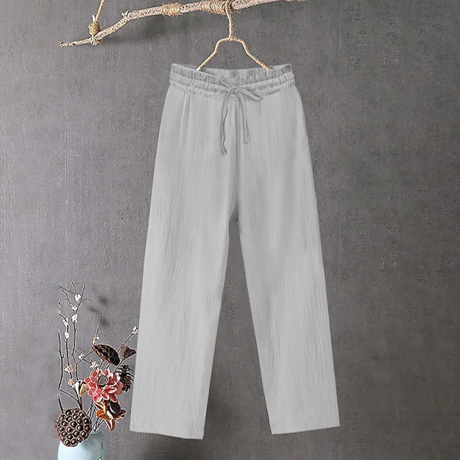 Cotton Linen Wide Leg Pants for Women High Waisted Slacks Lounge Baggy Flowy Palazzo Pants Casual Beach Trousers