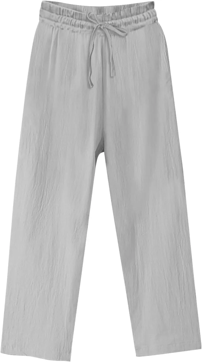 Cotton Linen Wide Leg Pants for Women High Waisted Slacks Lounge Baggy Flowy Palazzo Pants Casual Beach Trousers