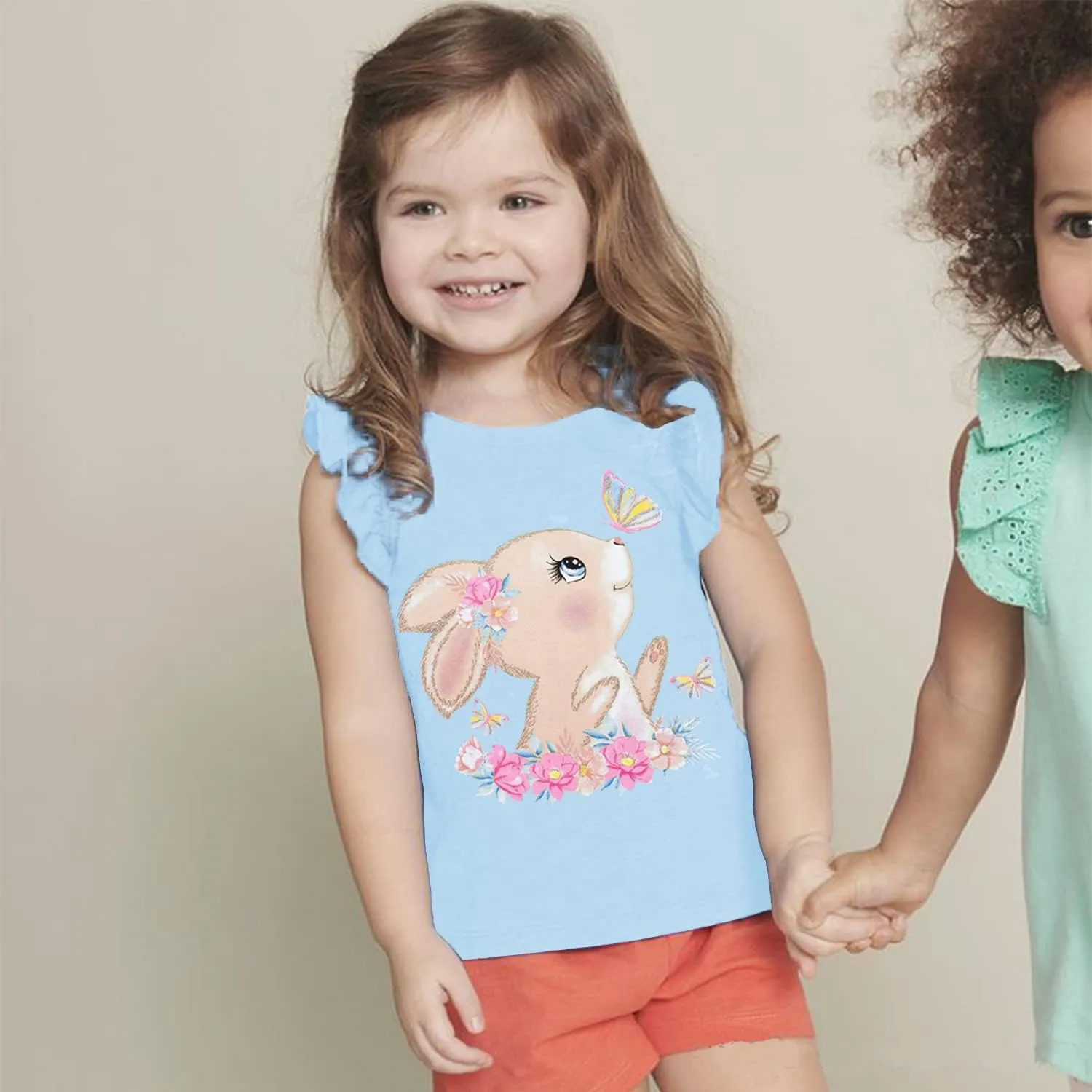 DDSOL T-Shirts Baby Girls Summer Ruffle Sleeve Shirts Toddler Cotton Tees Kids Easter Bunny Tank Tops 2-7 Years