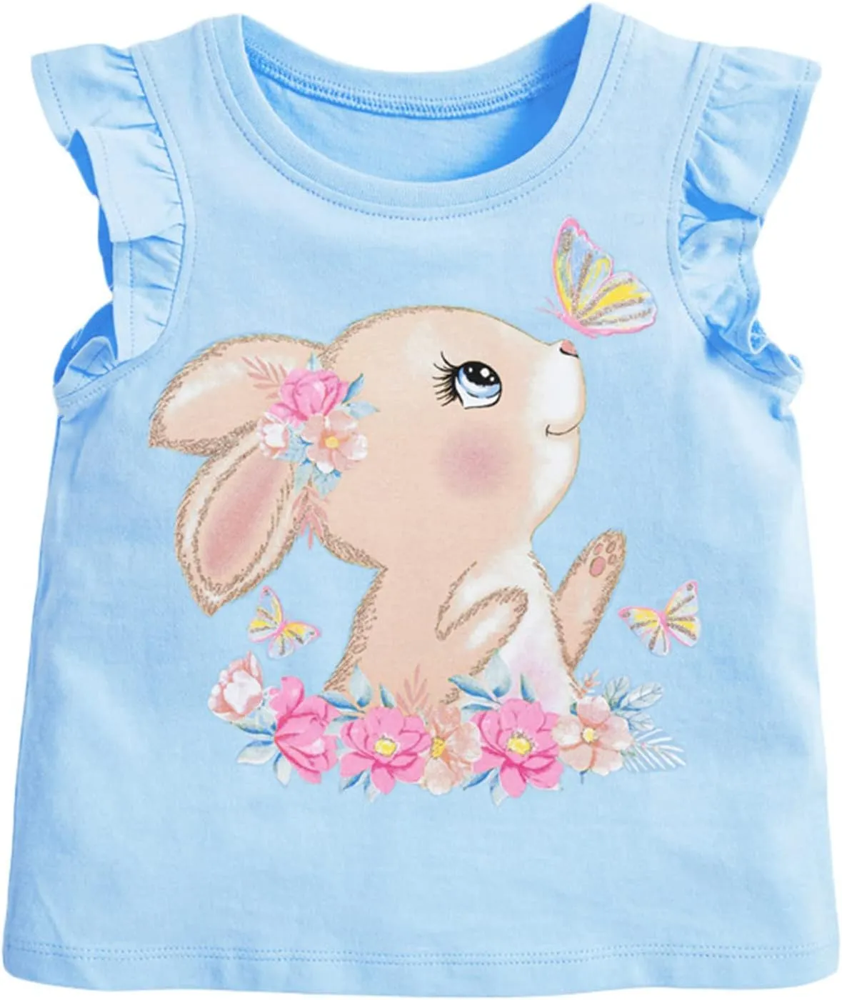 DDSOL T-Shirts Baby Girls Summer Ruffle Sleeve Shirts Toddler Cotton Tees Kids Easter Bunny Tank Tops 2-7 Years