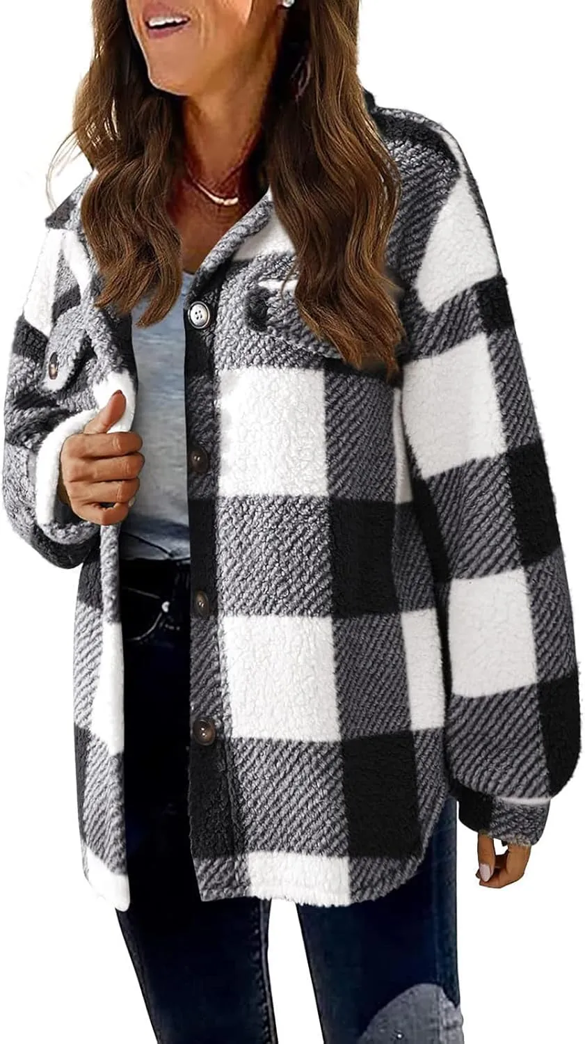 Flannel Jacket Women Button Down Sherpa Fleece Jacket Plus Size Plaid Shacket Soft Fluffy Fuzzy Sweater Outerwear