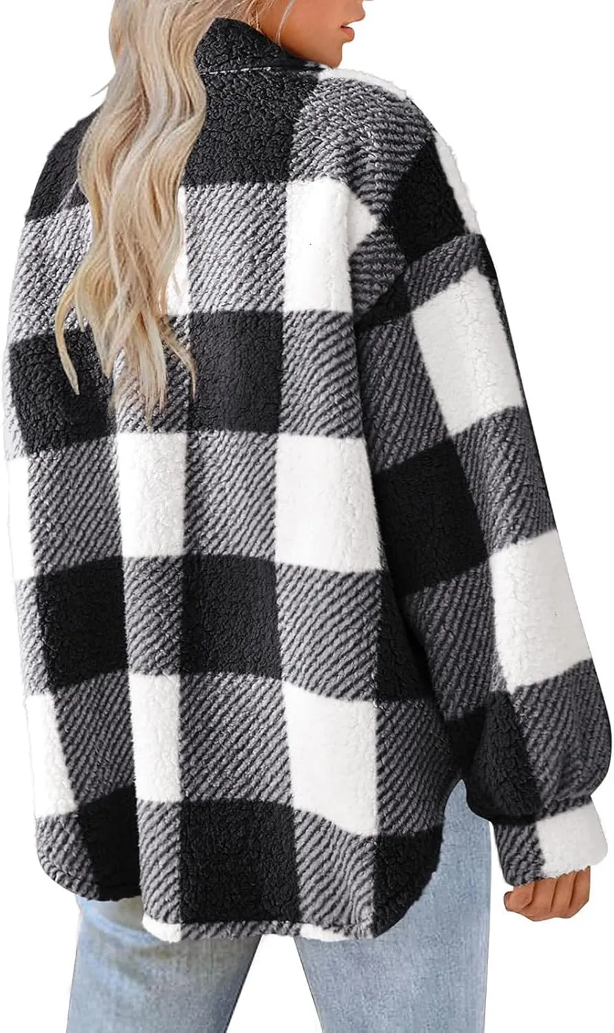 Flannel Jacket Women Button Down Sherpa Fleece Jacket Plus Size Plaid Shacket Soft Fluffy Fuzzy Sweater Outerwear