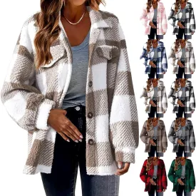 Flannel Jacket Women Button Down Sherpa Fleece Jacket Plus Size Plaid Shacket Soft Fluffy Fuzzy Sweater Outerwear