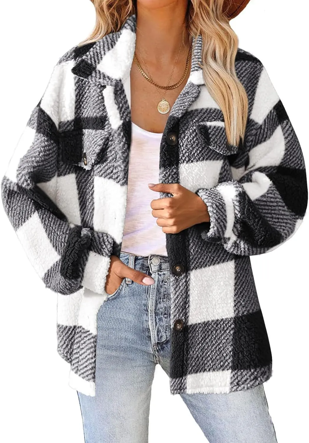 Flannel Jacket Women Button Down Sherpa Fleece Jacket Plus Size Plaid Shacket Soft Fluffy Fuzzy Sweater Outerwear