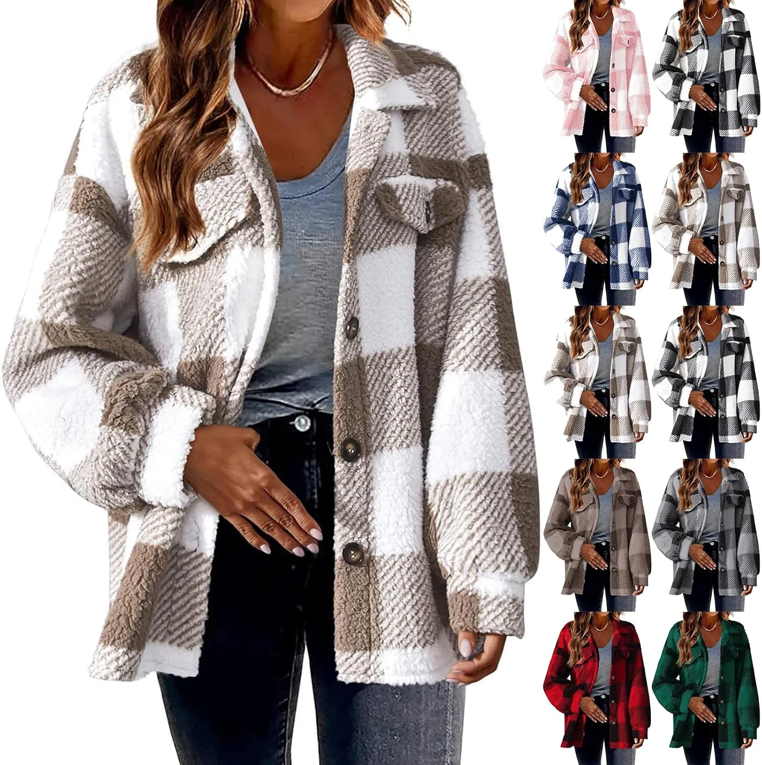 Flannel Jacket Women Button Down Sherpa Fleece Jacket Plus Size Plaid Shacket Soft Fluffy Fuzzy Sweater Outerwear