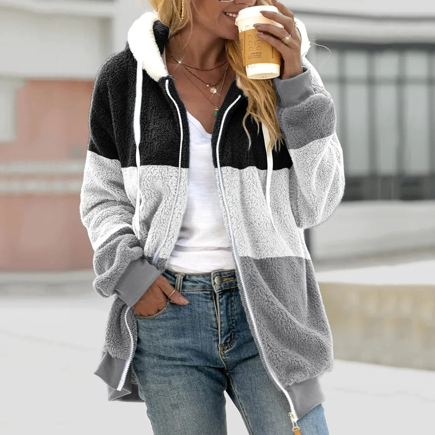 Fuzzy Fleece Jacket Women Plus Size Warm Winter Coats Fluffy Sherpa Hoodie Zip up Casual Cardigan Sweater Outerwear