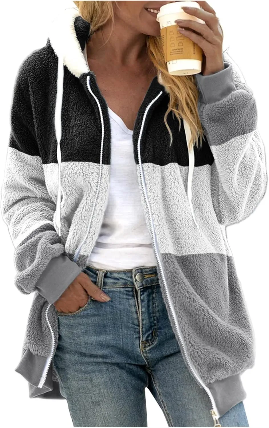 Fuzzy Fleece Jacket Women Plus Size Warm Winter Coats Fluffy Sherpa Hoodie Zip up Casual Cardigan Sweater Outerwear