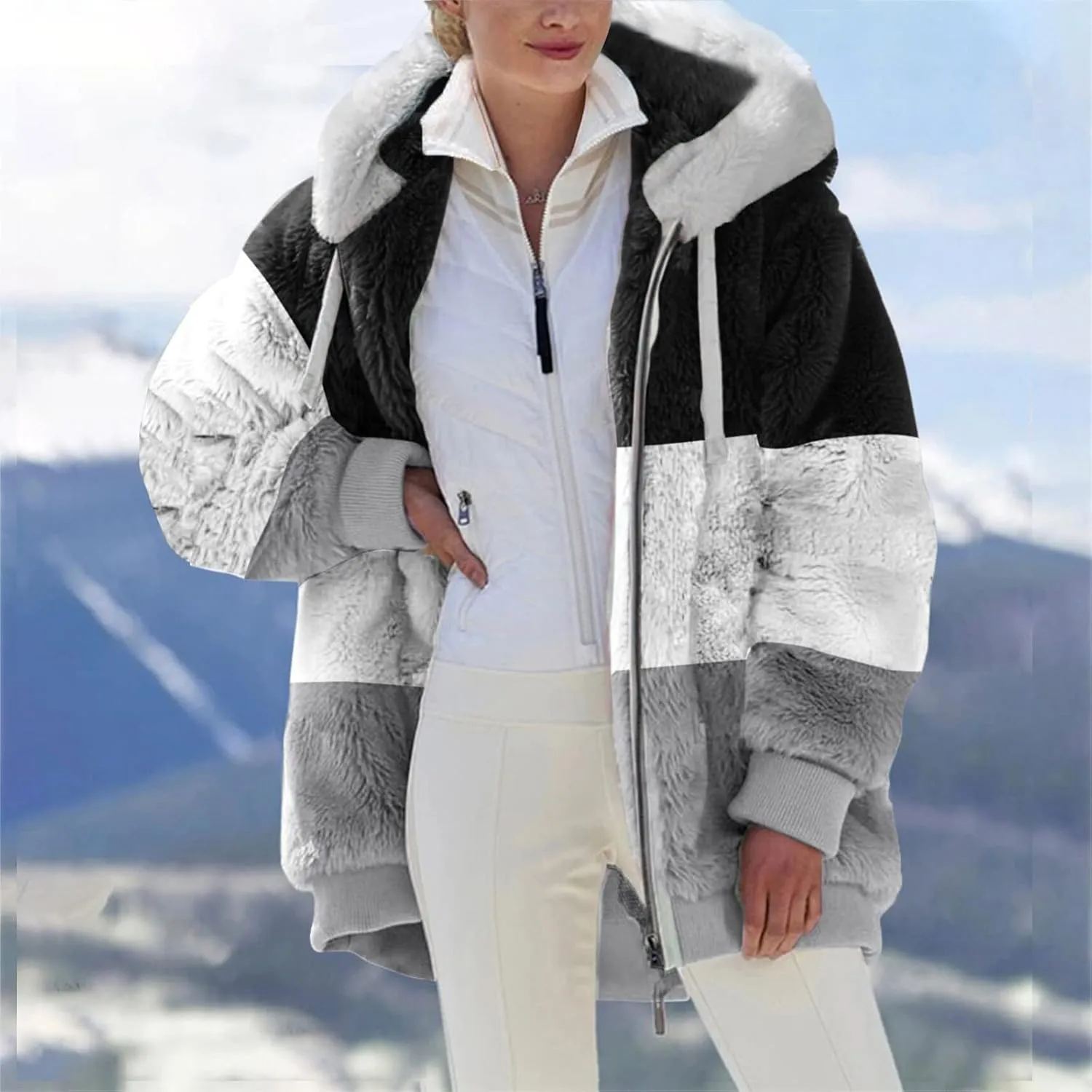 Fuzzy Fleece Jacket Women Plus Size Warm Winter Coats Fluffy Sherpa Hoodie Zip up Casual Cardigan Sweater Outerwear
