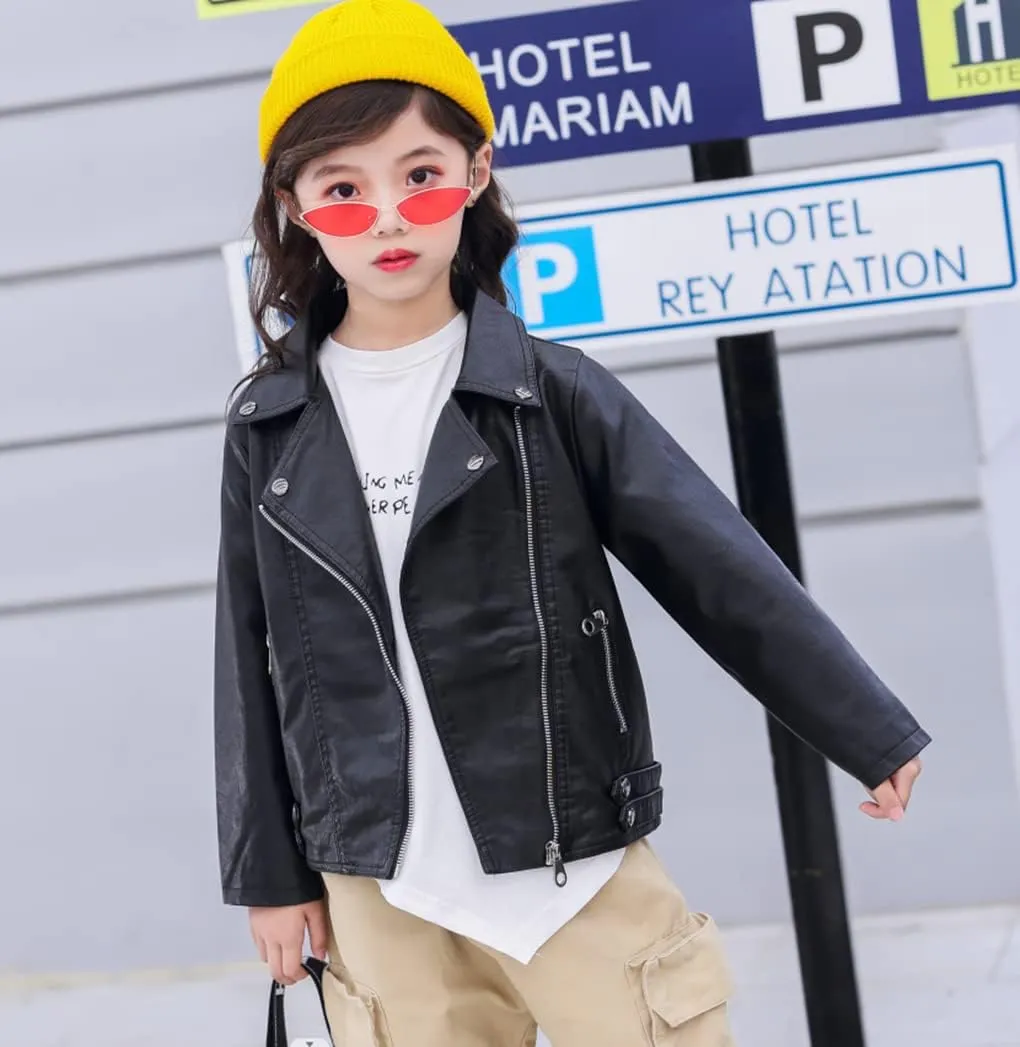 Girls Boys Biker Jacket Faux Leather Rivets Leather Motor Jacket For Kids 3-12Years