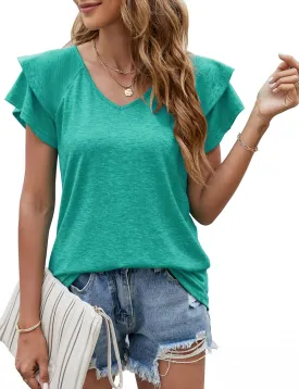 GZ-LAOPAITOU Ruffle Sleeve Tops for Women Cotton Short Sleeve Shirts V Neck Blouses Casual T Shirts