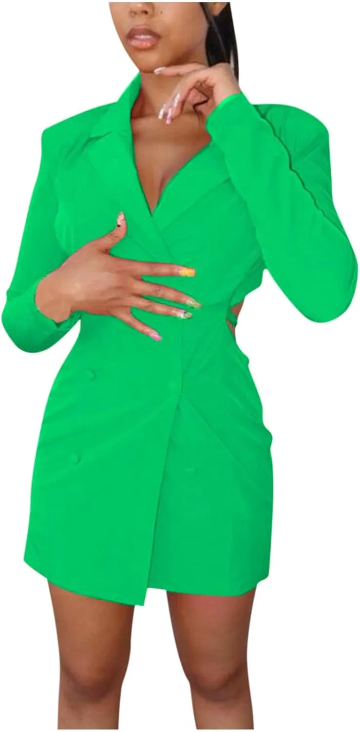 HGps8w Women's Sexy Cutout Waist Blazer Dresses, Double Breasted Long Sleeve V Neck Suit Jacket Mini Dress