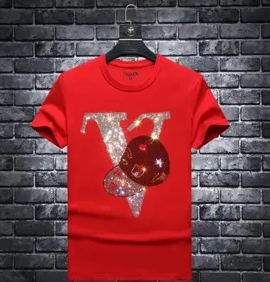 Hot drill Letter Rhinestones T Shirts Men Brand Short Sleeve Fashion Man Streetwear O Neck Slim Modal Cotton Tshirts