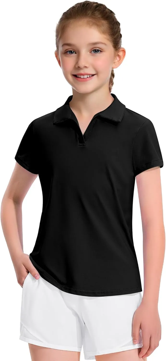 KEREDA Girls Polo Shirts Golf Tennis School Uniform Short Sleeve T Shirts V-Neck Collared Quick Dry Tops