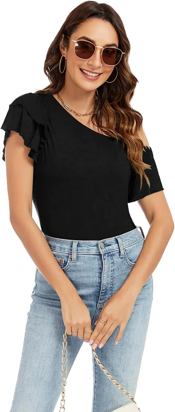 LEIYEE Womens Summer Off The Shoulder Tops Sexy Casual Cute Ruffle Short Sleeve Going Out Vacation T Shirts Blouses