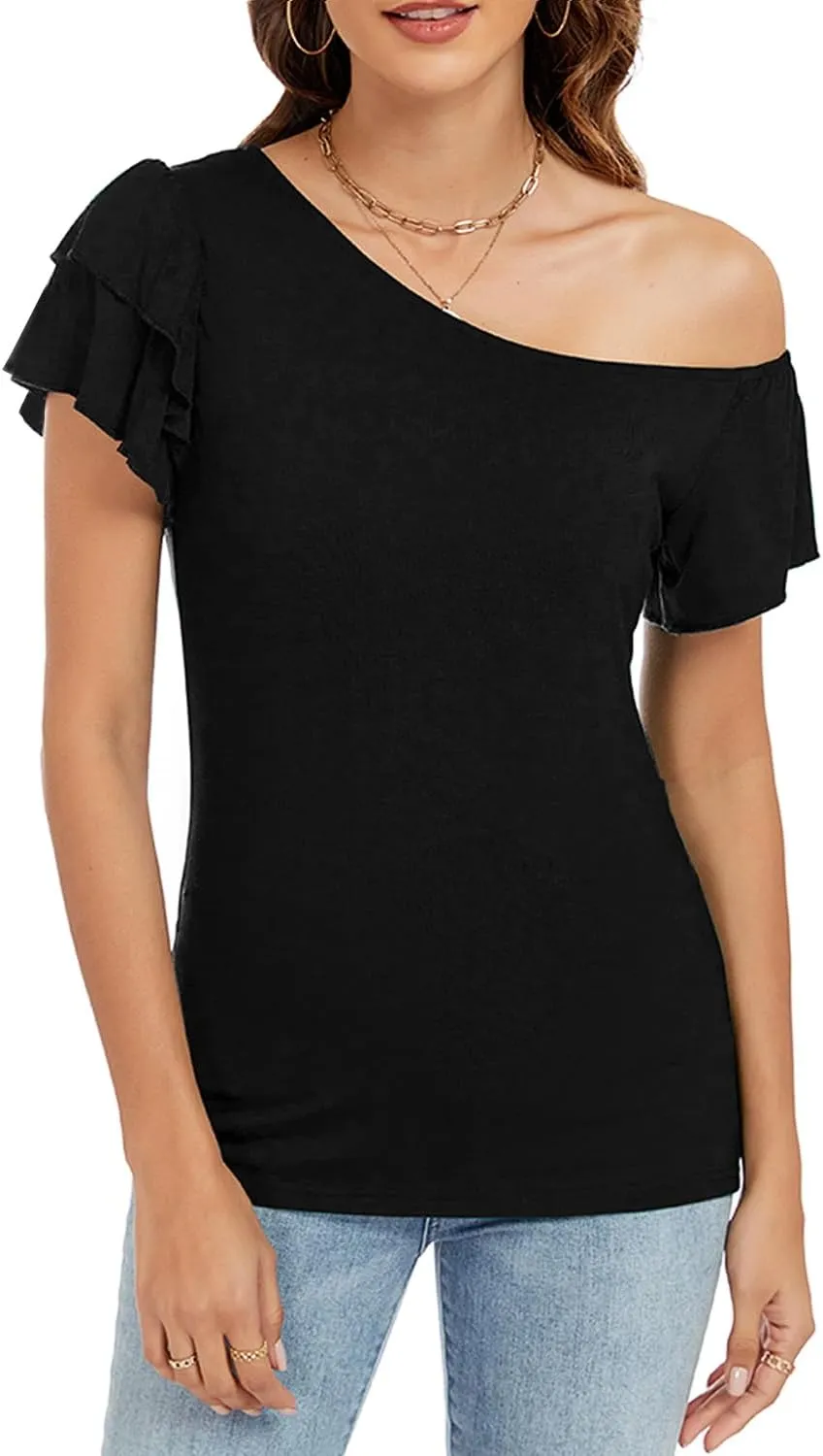 LEIYEE Womens Summer Off The Shoulder Tops Sexy Casual Cute Ruffle Short Sleeve Going Out Vacation T Shirts Blouses