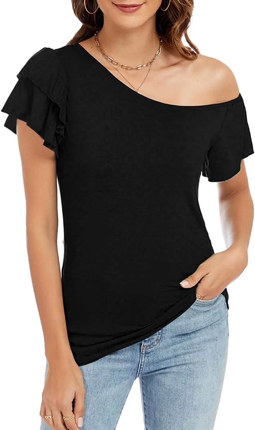 LEIYEE Womens Summer Off The Shoulder Tops Sexy Casual Cute Ruffle Short Sleeve Going Out Vacation T Shirts Blouses