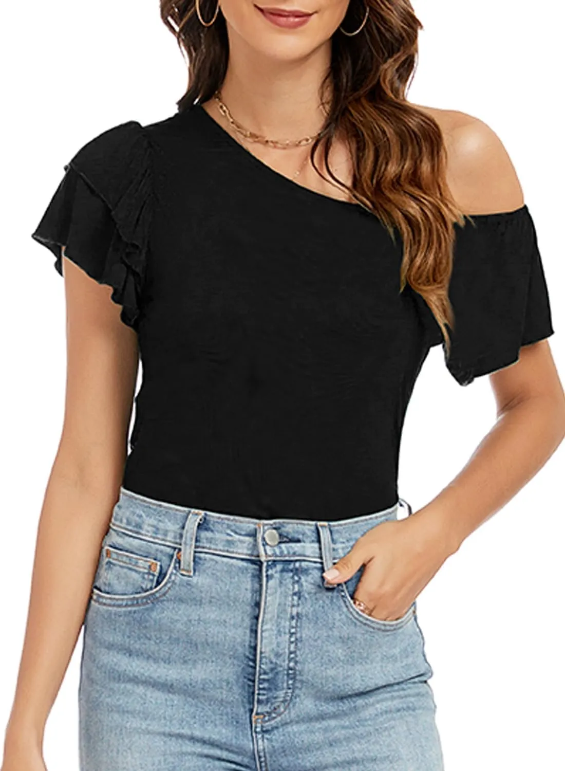 LEIYEE Womens Summer Off The Shoulder Tops Sexy Casual Cute Ruffle Short Sleeve Going Out Vacation T Shirts Blouses