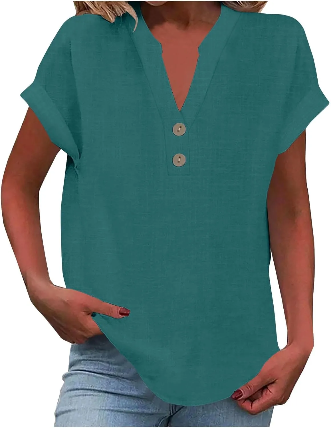 Linen Button Down Shirt Women Loose V-Neck T-Shirts Casual Short Sleeve Beach Blouse Summer Bohemian Tops