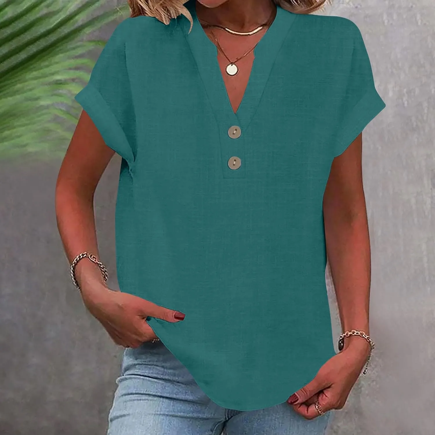 Linen Button Down Shirt Women Loose V-Neck T-Shirts Casual Short Sleeve Beach Blouse Summer Bohemian Tops