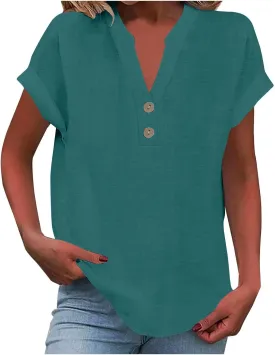 Linen Button Down Shirt Women Loose V-Neck T-Shirts Casual Short Sleeve Beach Blouse Summer Bohemian Tops