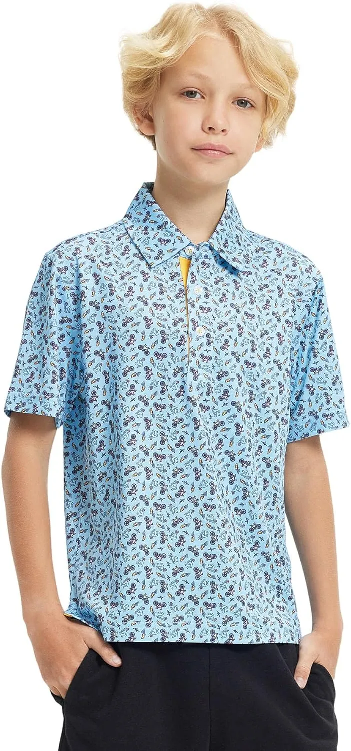 M MAELREG Boys Polo Shirt Short Sleeve Performance Dry Fit Stretch Funny Print Active Casual Collared Golf Shirts for Boy