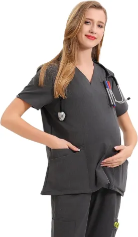 Maternity Scrubs Shirt for Women Doctor Uniform Short Sleeve Pregnant Nurse Scrub with Large Pockets
