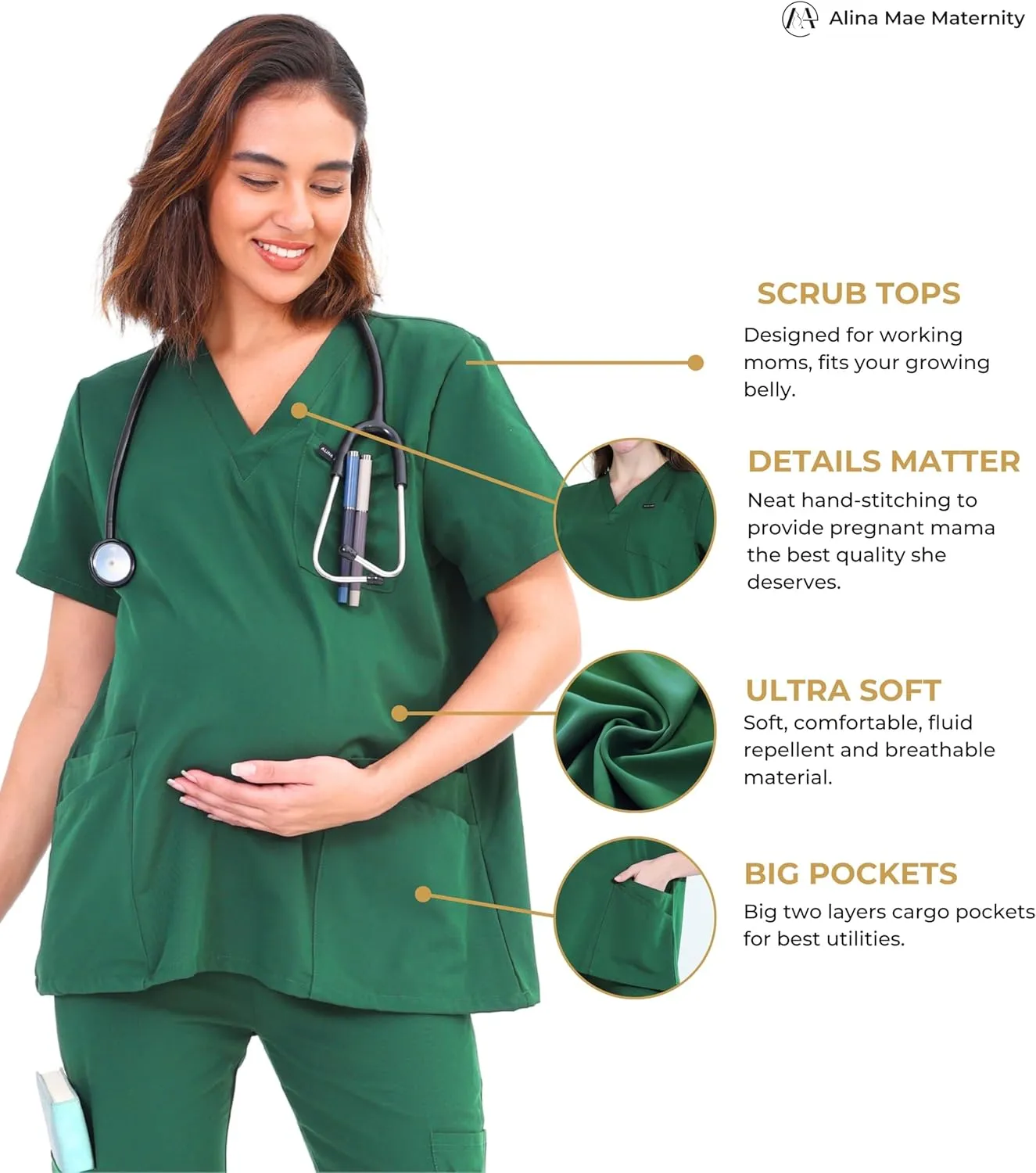 Maternity Scrubs Shirt for Women Doctor Uniform Short Sleeve Pregnant Nurse Scrub with Large Pockets