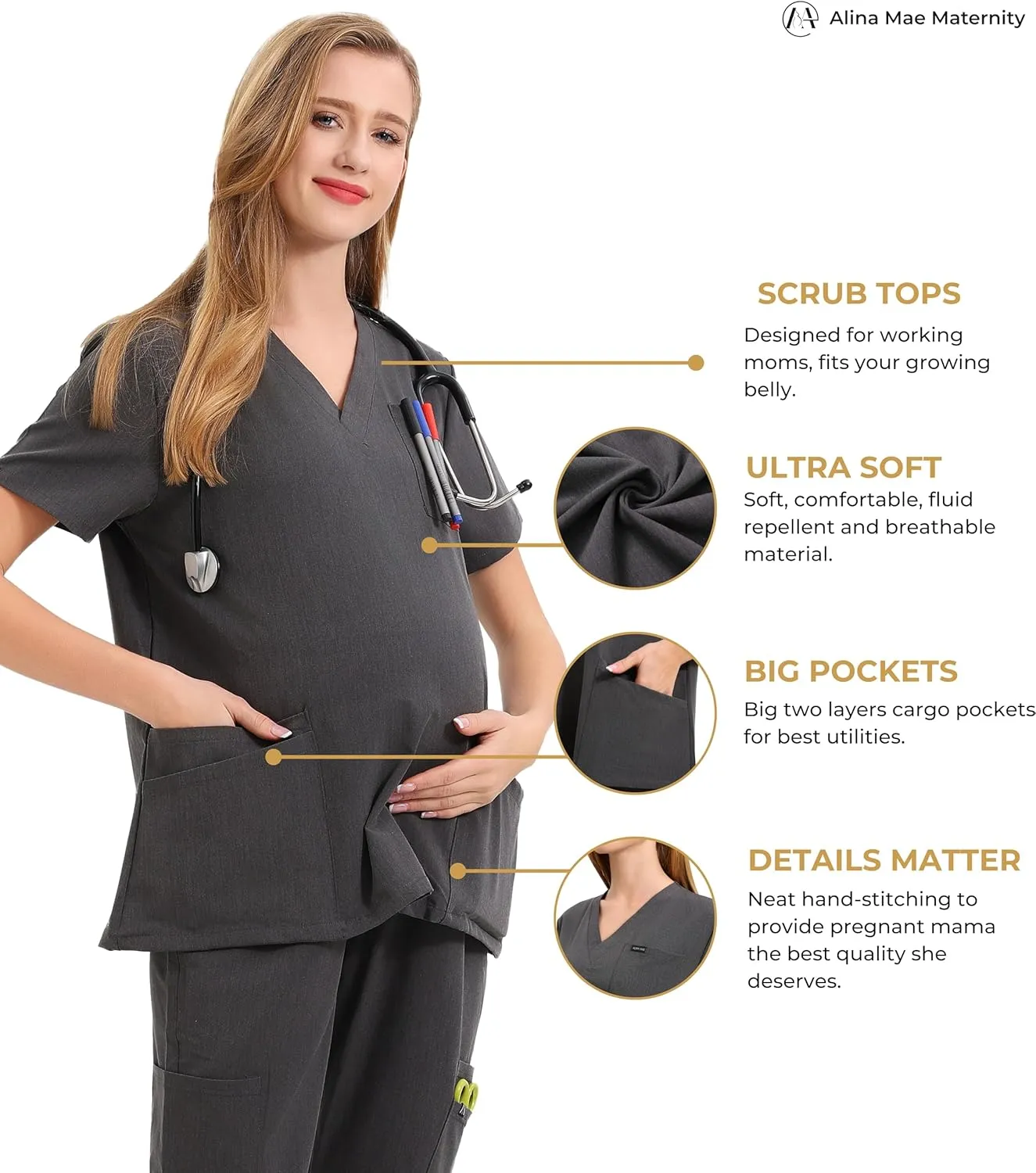 Maternity Scrubs Shirt for Women Doctor Uniform Short Sleeve Pregnant Nurse Scrub with Large Pockets