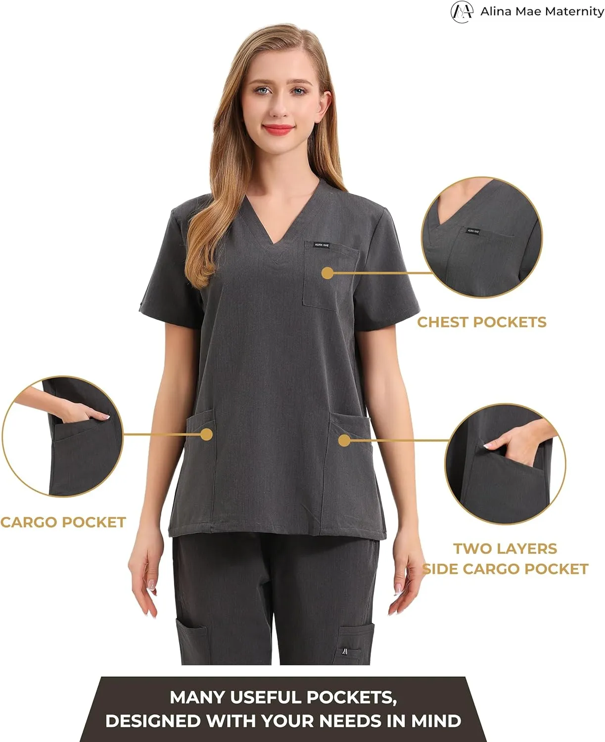 Maternity Scrubs Shirt for Women Doctor Uniform Short Sleeve Pregnant Nurse Scrub with Large Pockets