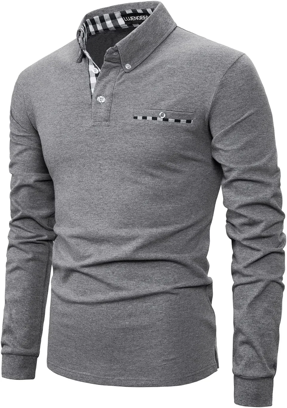 Mens Polo Shirts Long Sleeve Casual Plaid Collar Golf Shirt for Men Slim Fit Cotton Polo T Shirts Top