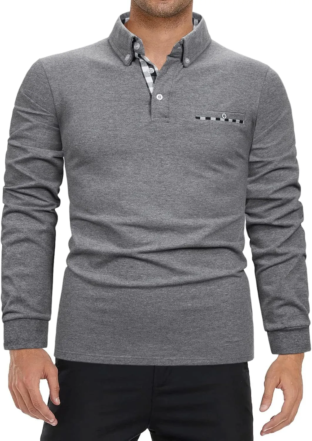 Mens Polo Shirts Long Sleeve Casual Plaid Collar Golf Shirt for Men Slim Fit Cotton Polo T Shirts Top