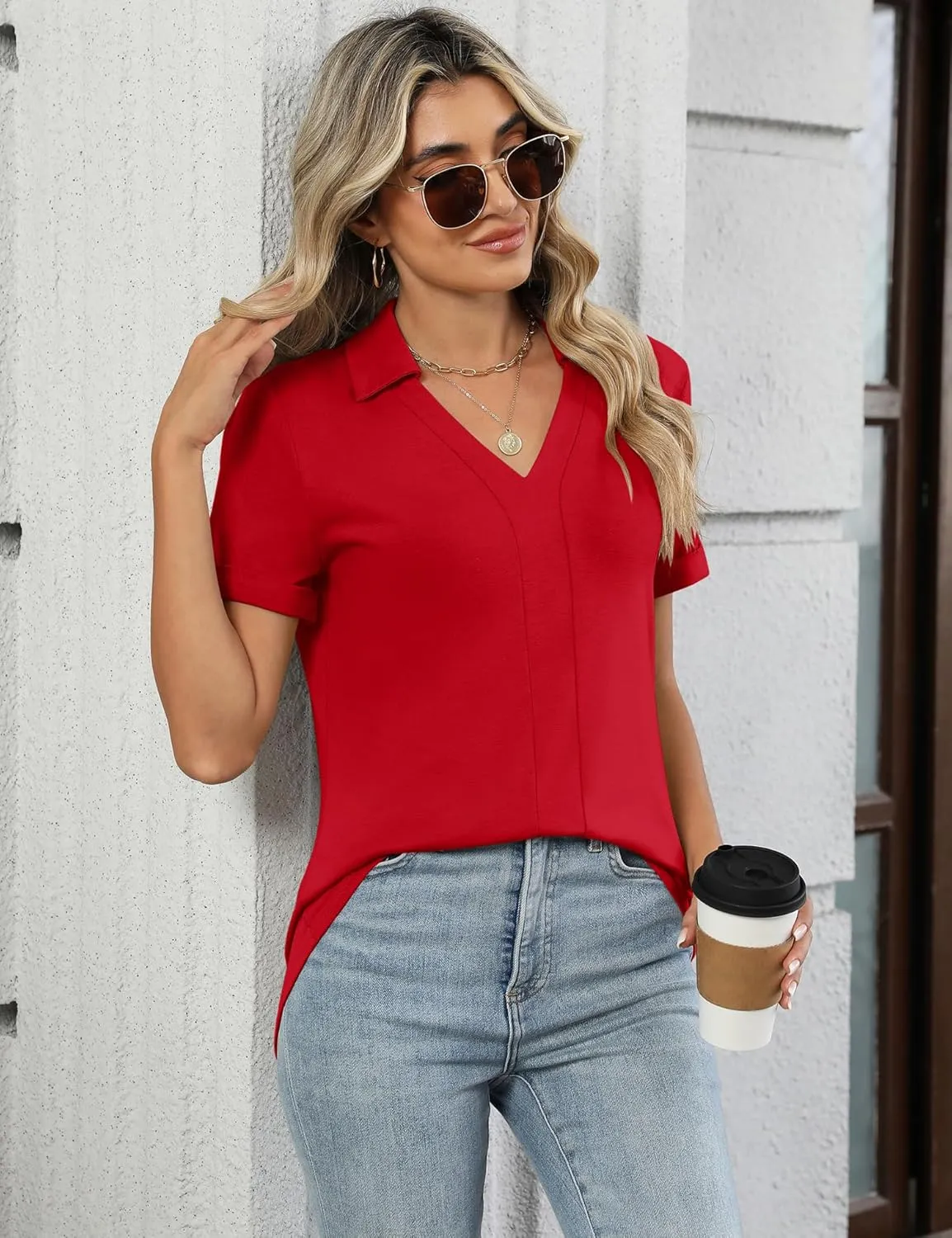 Micoson Womens Polo Shirts Dressy V Neck Business Casual Tops Lapel Collar Short Sleeve Summer Shirts Loose Fit Work Blouses