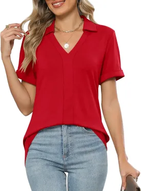 Micoson Womens Polo Shirts Dressy V Neck Business Casual Tops Lapel Collar Short Sleeve Summer Shirts Loose Fit Work Blouses