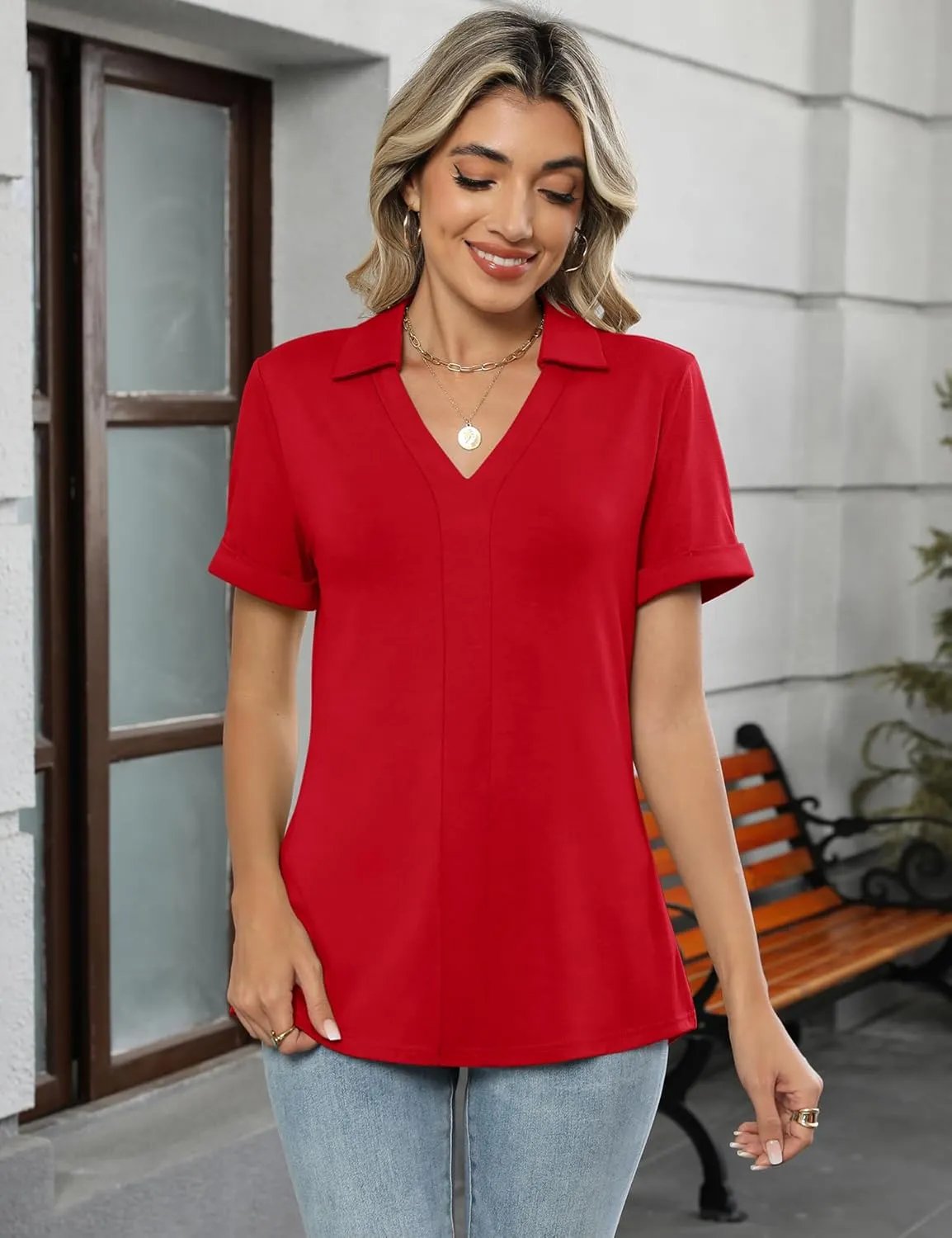 Micoson Womens Polo Shirts Dressy V Neck Business Casual Tops Lapel Collar Short Sleeve Summer Shirts Loose Fit Work Blouses