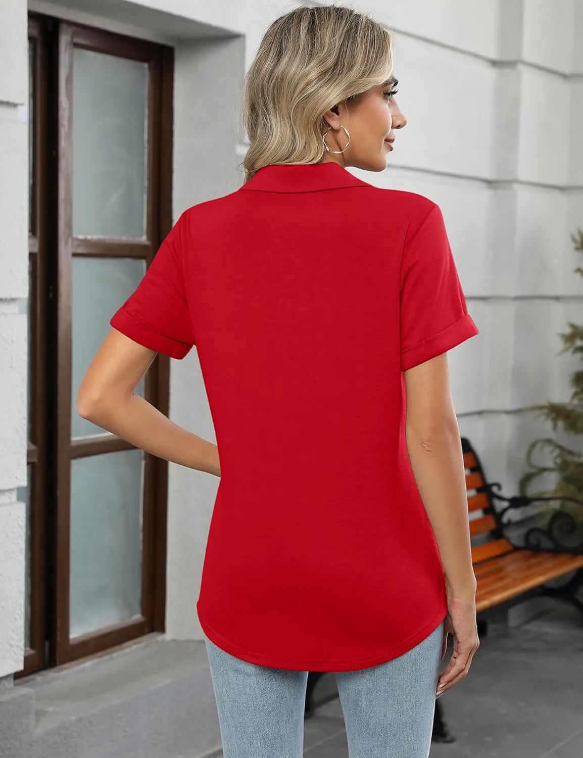 Micoson Womens Polo Shirts Dressy V Neck Business Casual Tops Lapel Collar Short Sleeve Summer Shirts Loose Fit Work Blouses